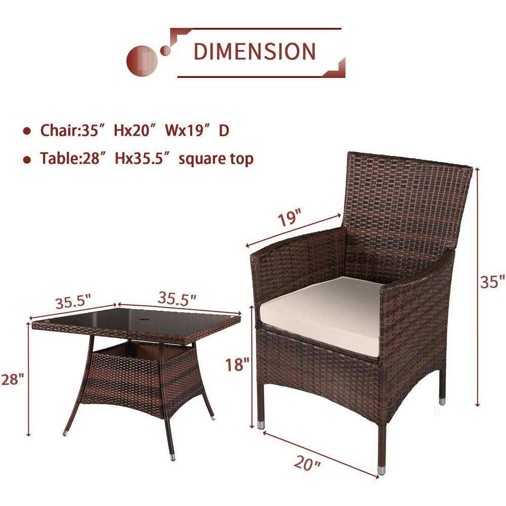 None Brown 5-Piece Wicker Square Outdoor Dining Set with Brown Cushions