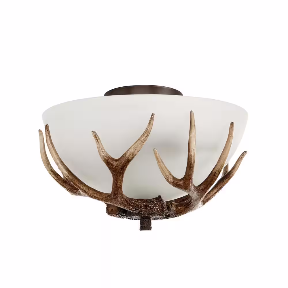 Hampton Bay Deer Lake 13 in. 2-Light Handmade Finish Anlter Convertible Semi-Flush Mount