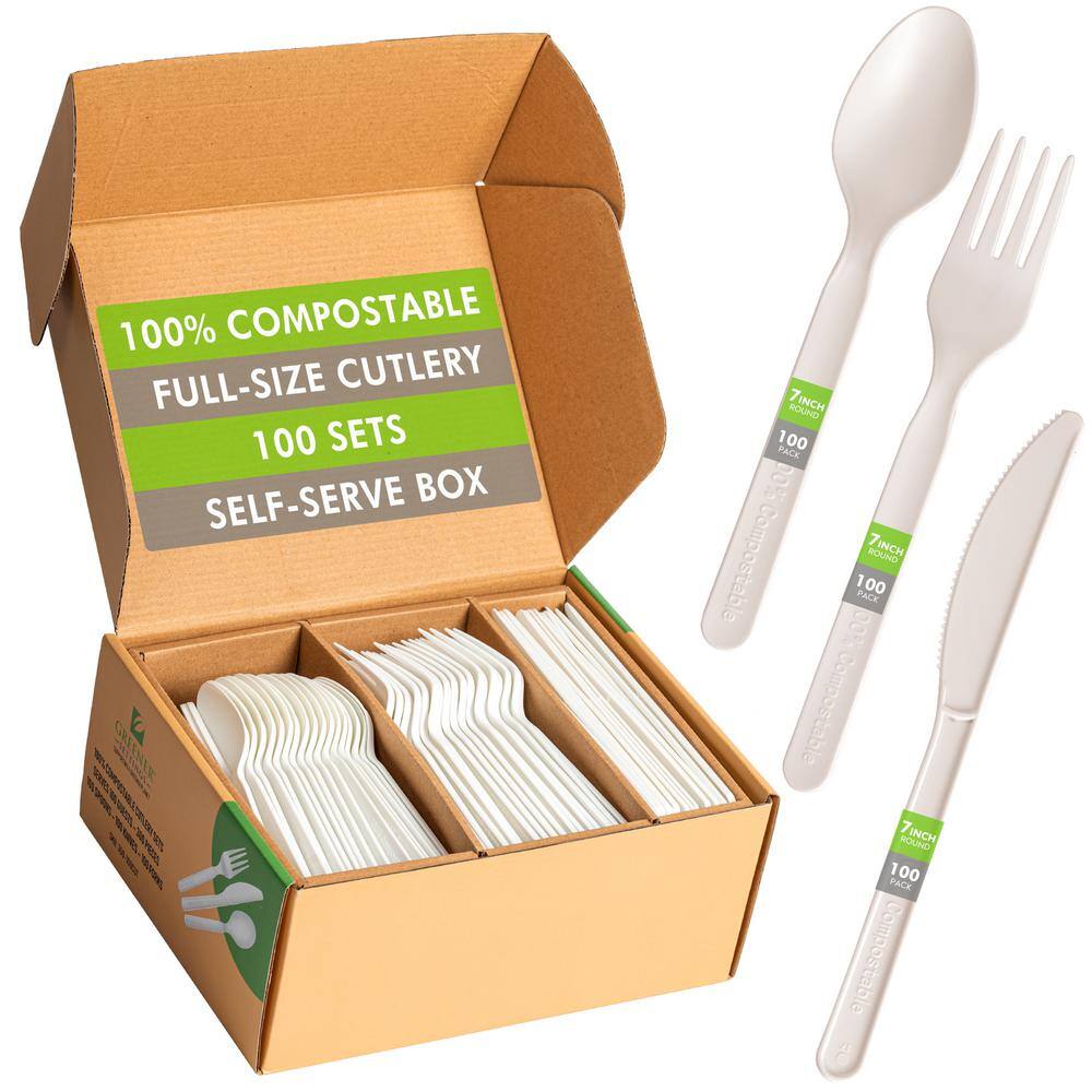 None Ivory Disposable Compostable Cutlery Set (100 Sets)