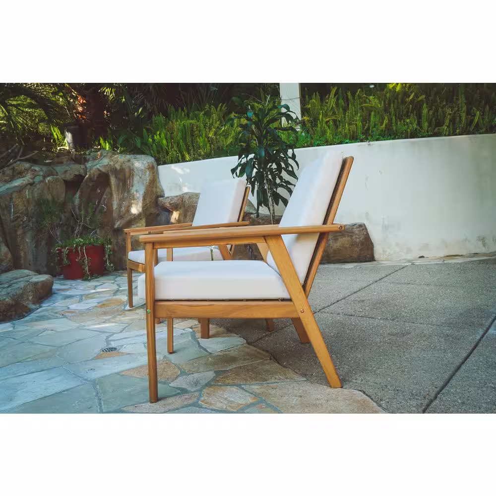 Lautan Anglesea Natural 3-Piece Wooden Patio Conversation Set with Linen Beige Cushions