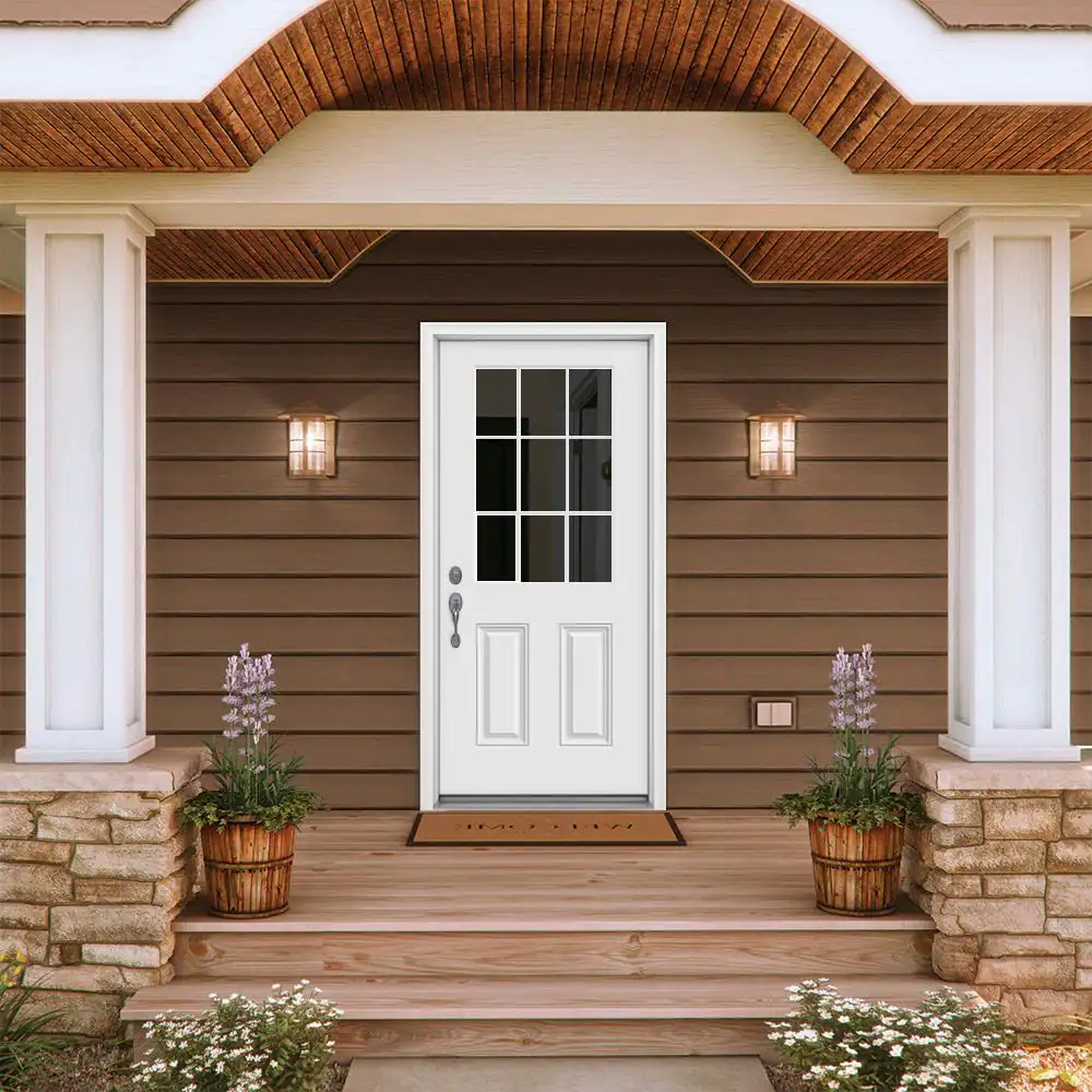 JELD-WEN 32 in. x 80 in. 9 Lite Primed Fiberglass Prehung Entry Door with Brickmould