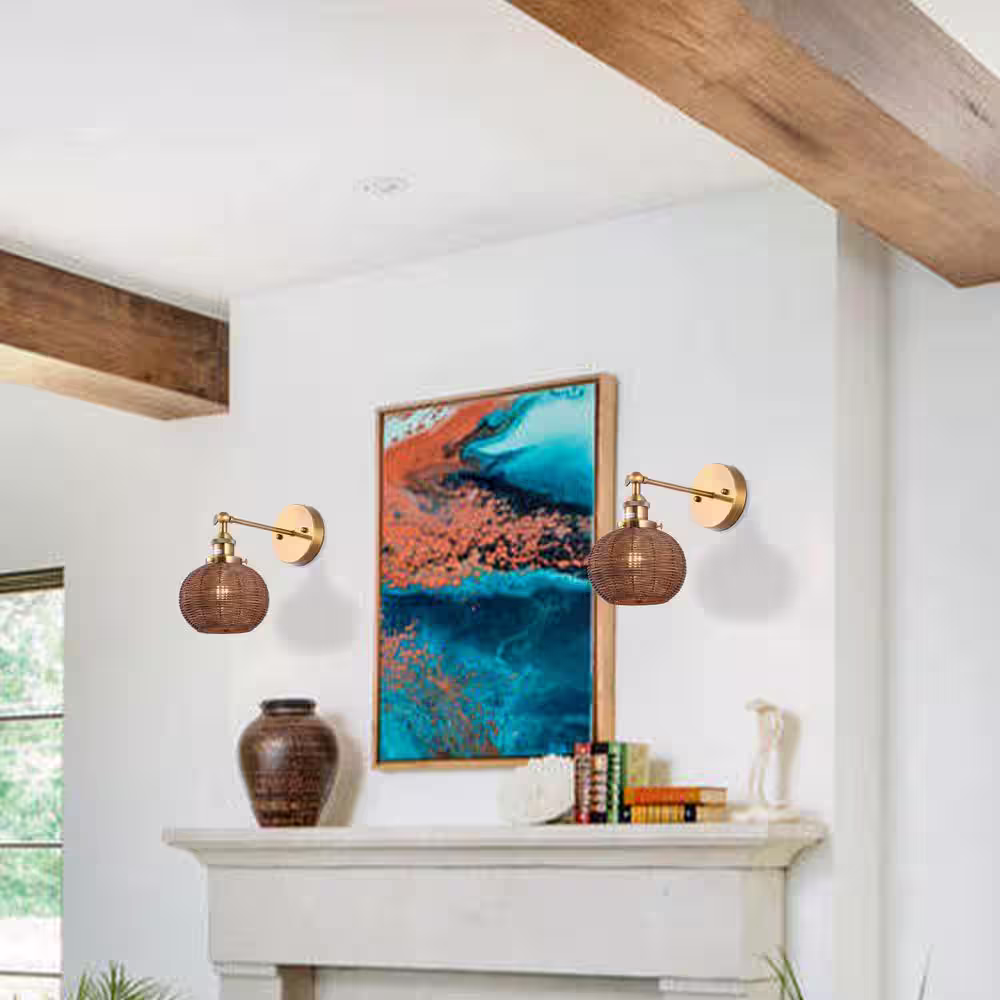 Parrot Uncle Arti 6.7 in. 1-Light Natural Rattan Brass Gold Wall Sconce Lighting Fixture with Swing Arm