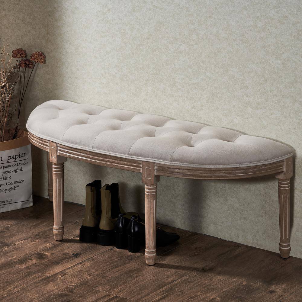 Merra Vintage Wood Half Moon Carved Upholstered Bench with Solid Wood Frame