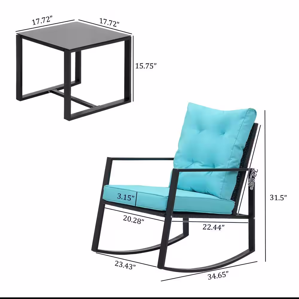 None Black 3-Piece Wicker Rocking Patio Conversation Set Sky Blue