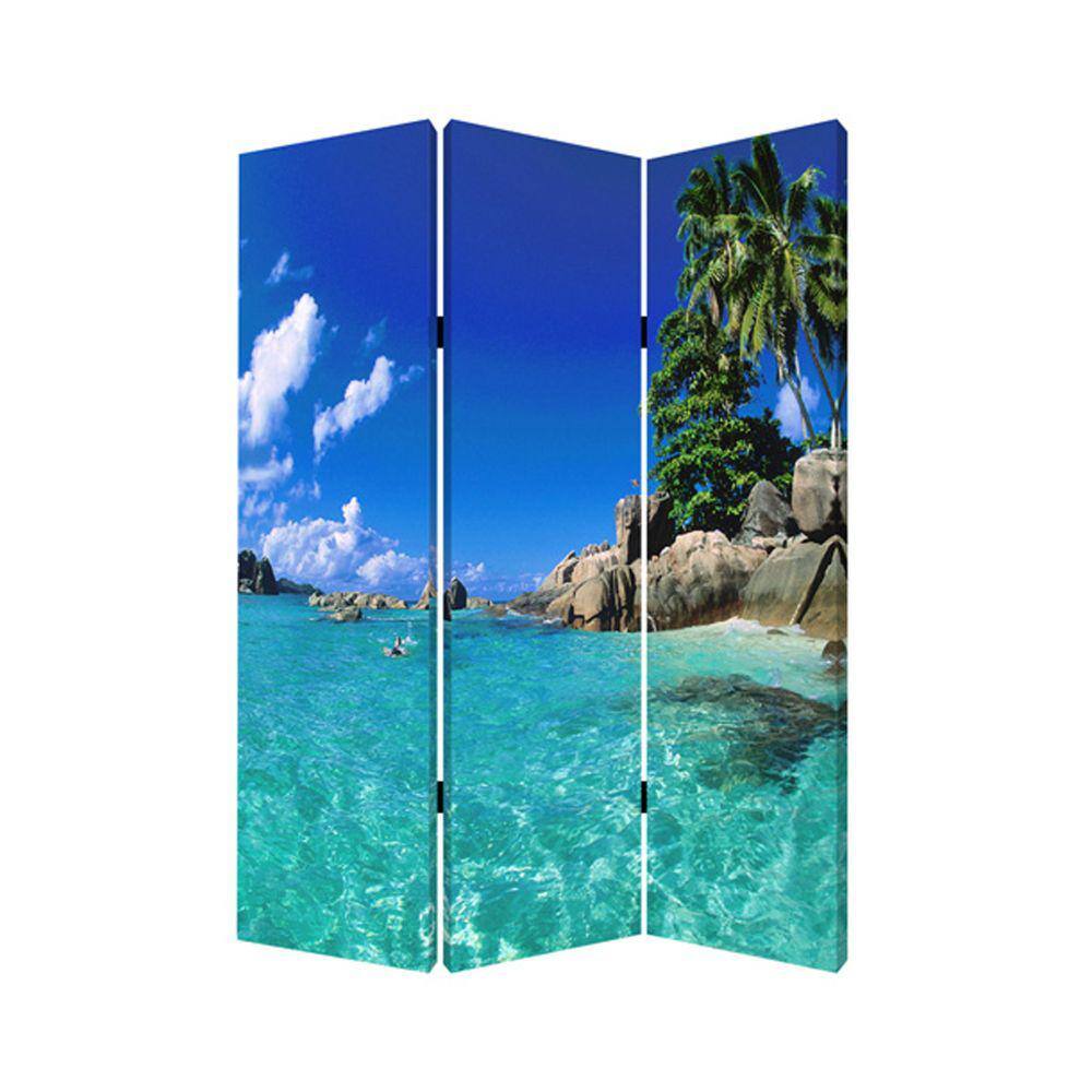 Benjara Multicolor 3 Panel Foldable Canvas Screen with Exotic Oceanside Print