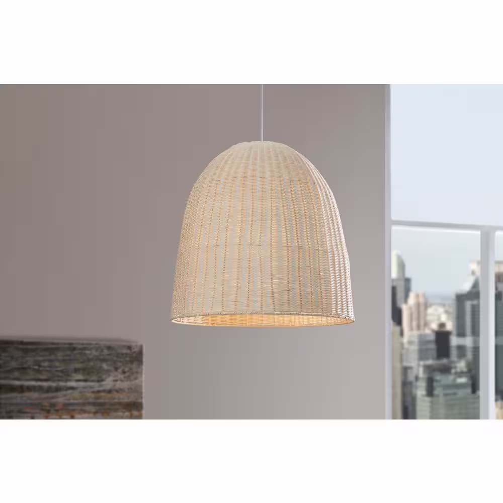 Hampton Bay Highler 1-Light Silver Pendant with White Rattan Shade