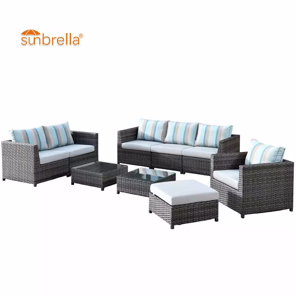 HOOOWOOO Lake Caddo Gray 9-Piece No Assembly Wicker Patio Conversation Sofa Set with Two Coffee Tables and Sunbrella Cushions