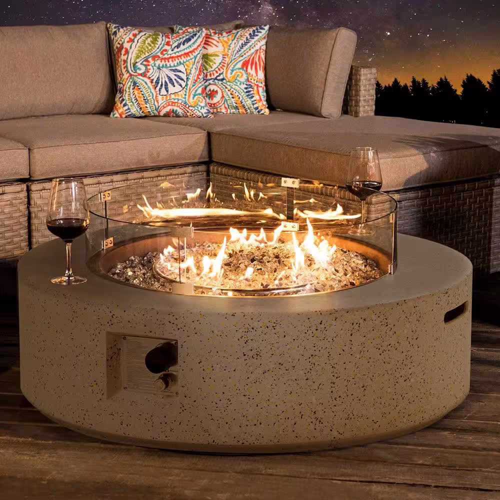 None 41 in. 50000 BTU Elegant White Round Composite GRFC Fire Pit Table with Glass Wind Guard and Water-Resistent Cover
