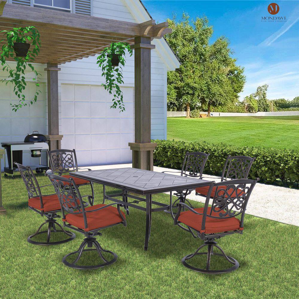Mondawe Rosemary 7-Piece Aluminum 68 in. L Outdoor Dining Set with 6 Cushioned in Red Swivel Chairs, Rectangular Table