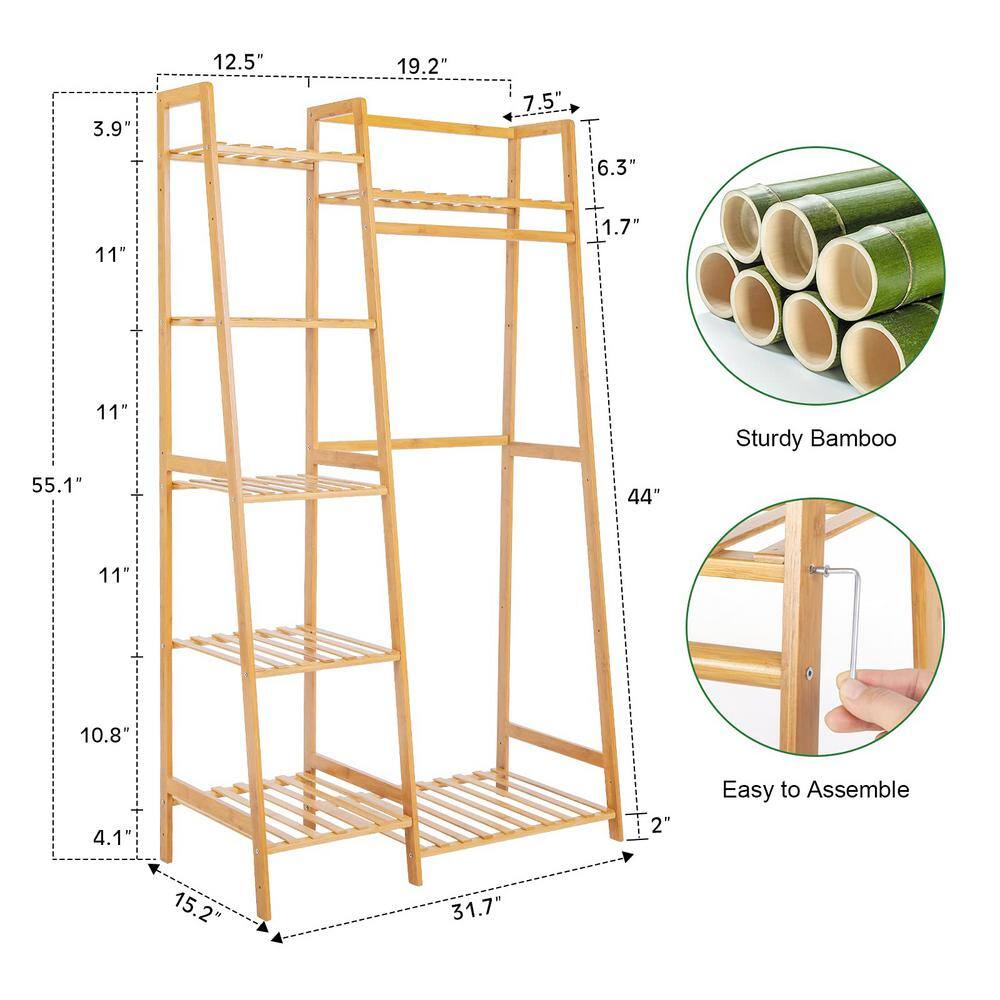 None Brown Bamboo Garment Clothes Rack with 5 Shelves 32 in. W x 55 in. H