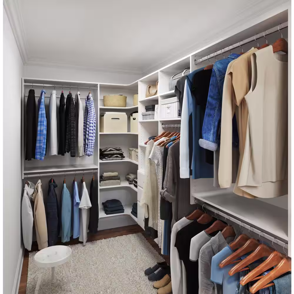 Closet Evolution 84 in. W - 115 in. W Harvest Grain Ultimate Corner System 18-Shelf Wood Closet System