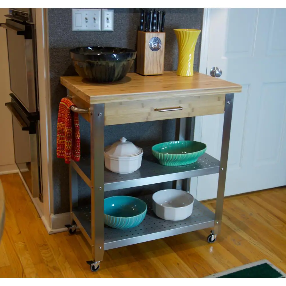 Eccostyle 1 Drawer, 2 Shelf Natural Bamboo & Stainless Steel Rolling Kitchen Cart with Side Dishtowel Bar
