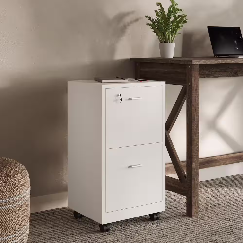 Lavish Home Locking File Cabinet 2-Drawer White Engineered Wood 27.28 in. H x 15.74 in. W x 14.17 in. D Vertical File Cabinet
