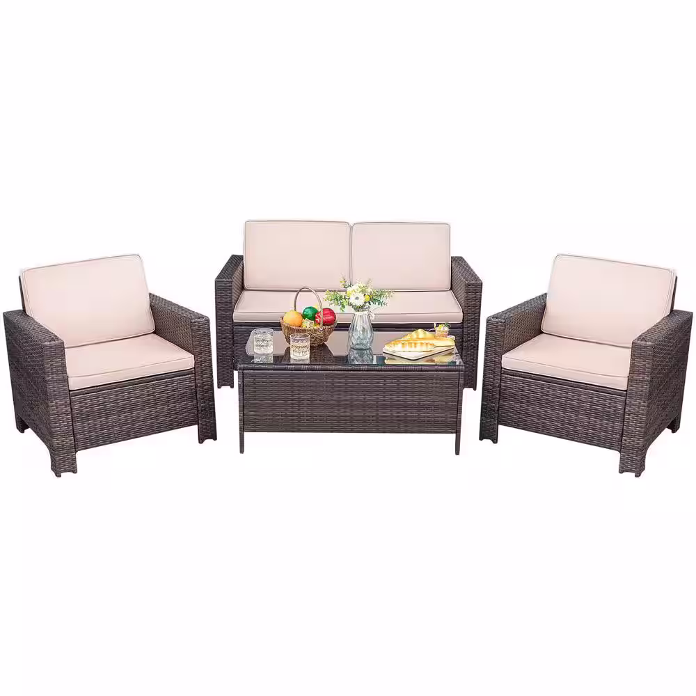 Tozey Black 4-Pieces PE Wicker Patio Conversation Set, Outdoor Couch Sectional Set with Glass Table, Beige Cushions