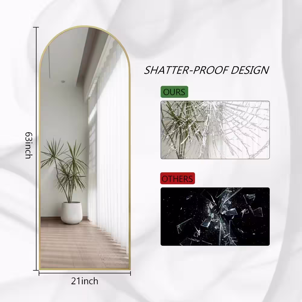 XRAMFY 21 in. W x 63 in. H Arched Gold Aluminum Alloy Framed Full Length Mirror Standing Floor Mirror