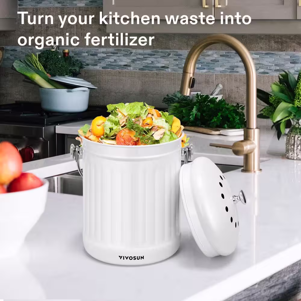 VIVOSUN Indoor 1.3 Gal. Stainless Steel Countertop Compost Bin with Lid for Kitchen Food Waste in White