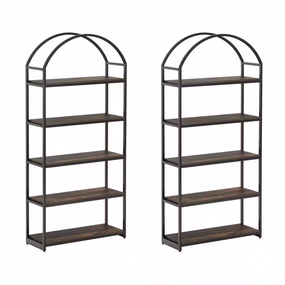 Nathan James Haven 72 in. 5-Shelf Etagere Bookshelf in Wood and Metal Frame with Arch Top and Open Shelves, Nutmeg/Black, Set of 2