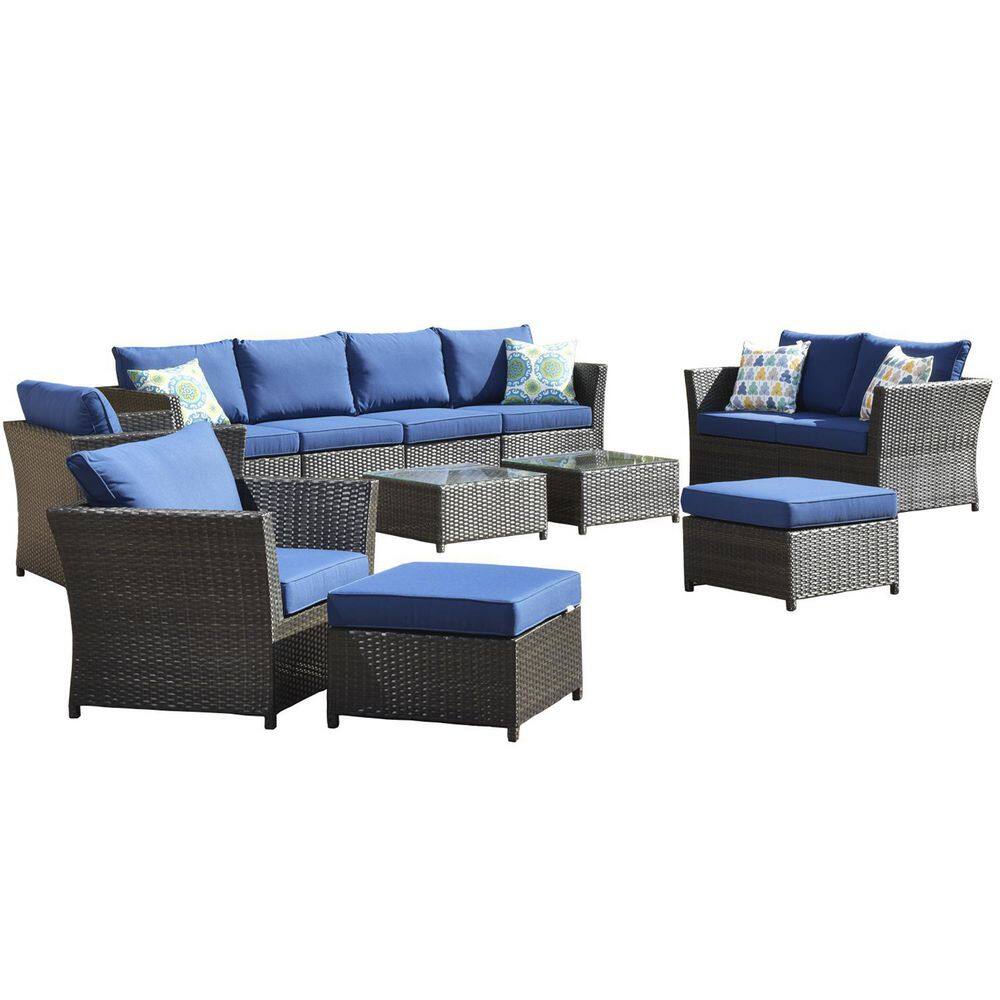 HOOOWOOO Norman Brown 12-Piece Wicker Outdoor Patio Conversation Seating Sofa Set with Navy Blue Cushions, No Assembly Required