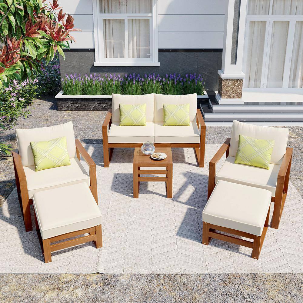 None 6-Piece Acacia Wood Patio Conversation Sectional Seating Set with Beige Cushions and Ottomans