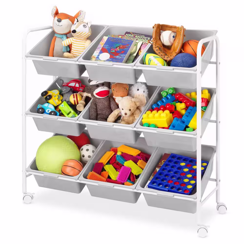 None White Primary Kids Toy Rolling Storage Organizer with 9 Plastic Bins