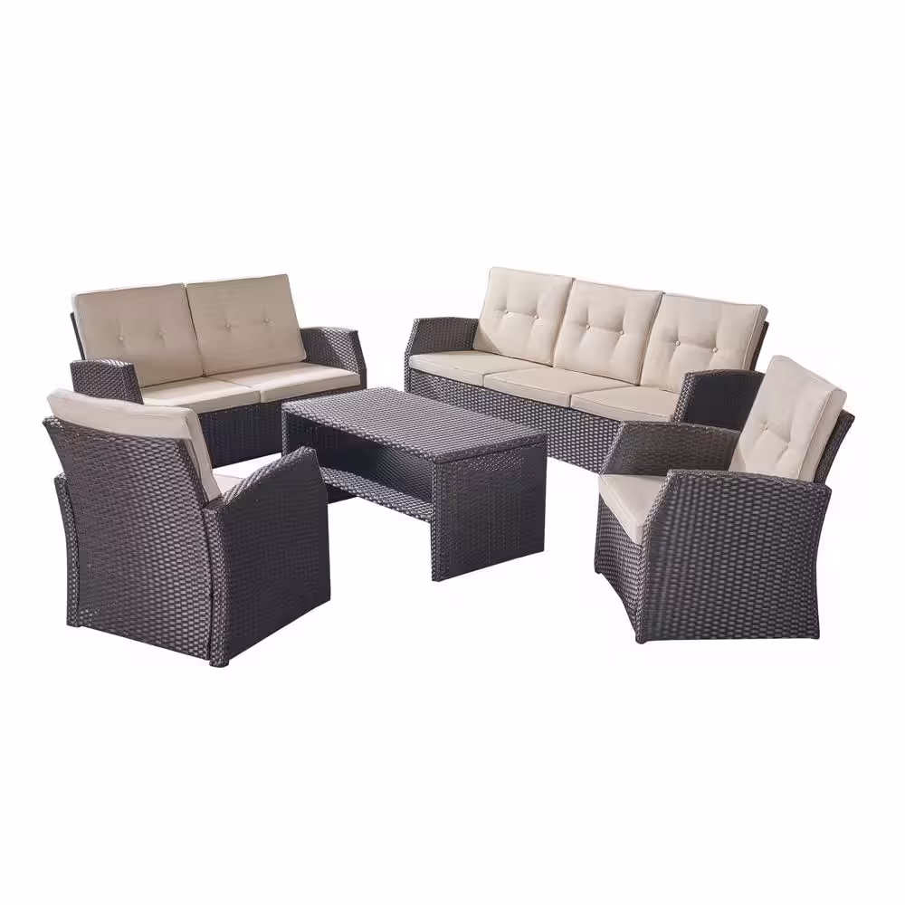 Noble House Sanger Dark Brown 5-Piece Faux Rattan Patio Conversation Set with Beige Cushions