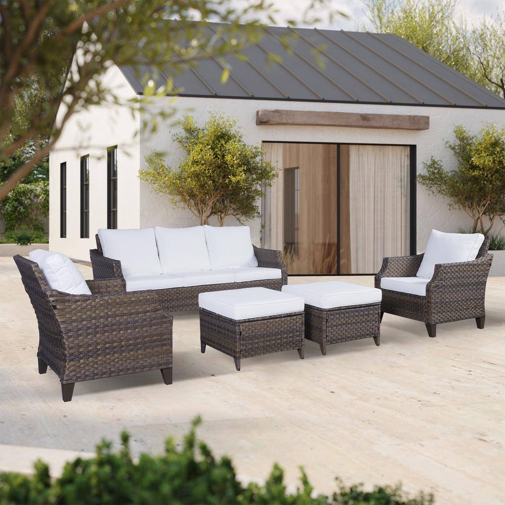 Gymojoy Canton Brown 5-Pieces Wicker Patio Conversation Set with White Cushions