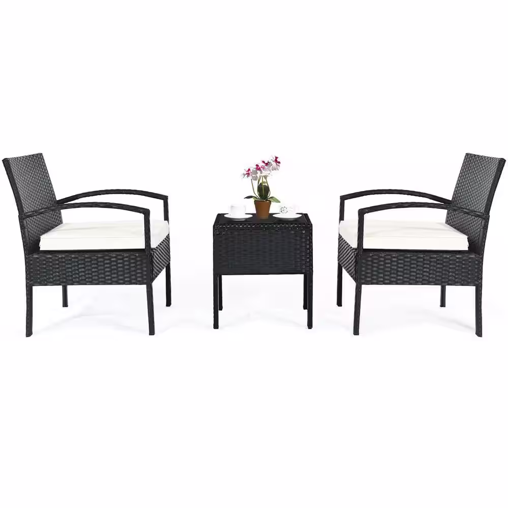 Costway Black 3-Piece Rattan Wicker Patio Conversation Set Backyard Garden Seating Furniture with Off White Cushions