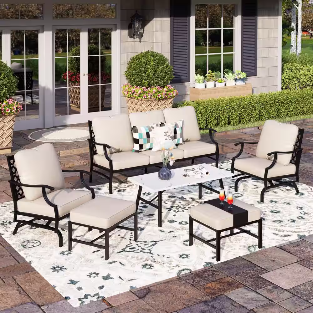 None Black Meshed 7-Seat 6-Piece Metal Outdoor Patio Conversation Set with Beige Cushions and Table with Marble Pattern Top