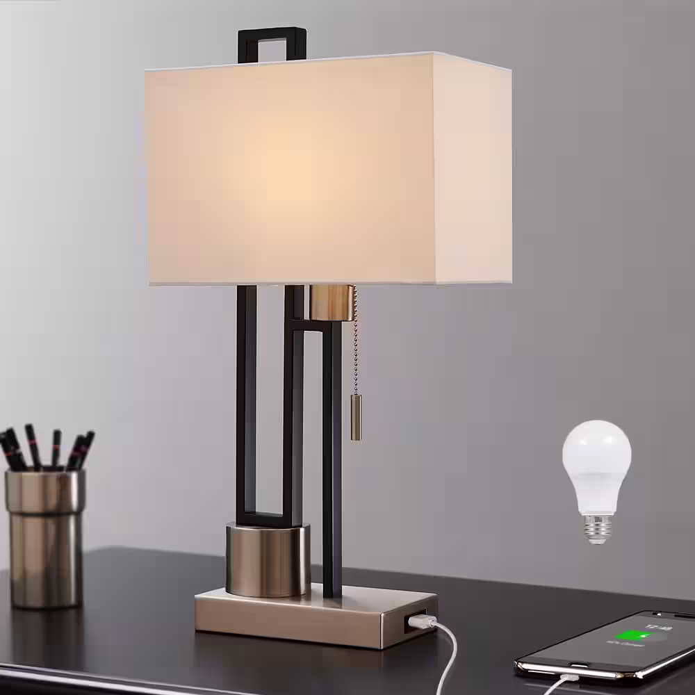 TRUE FINE 21 in. Matte Black/Brushed Nickel USB Table Lamp with White Linen Shade, 9.5-Watt LED Bulb Included