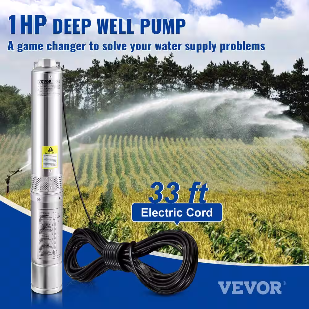 VEVOR Deep Well Submersible Pump 1 hp. 115-Volt 37 GPM 207 ft. Head Water Pump IP68 with 33 ft. Cord for Industrial Irrigation