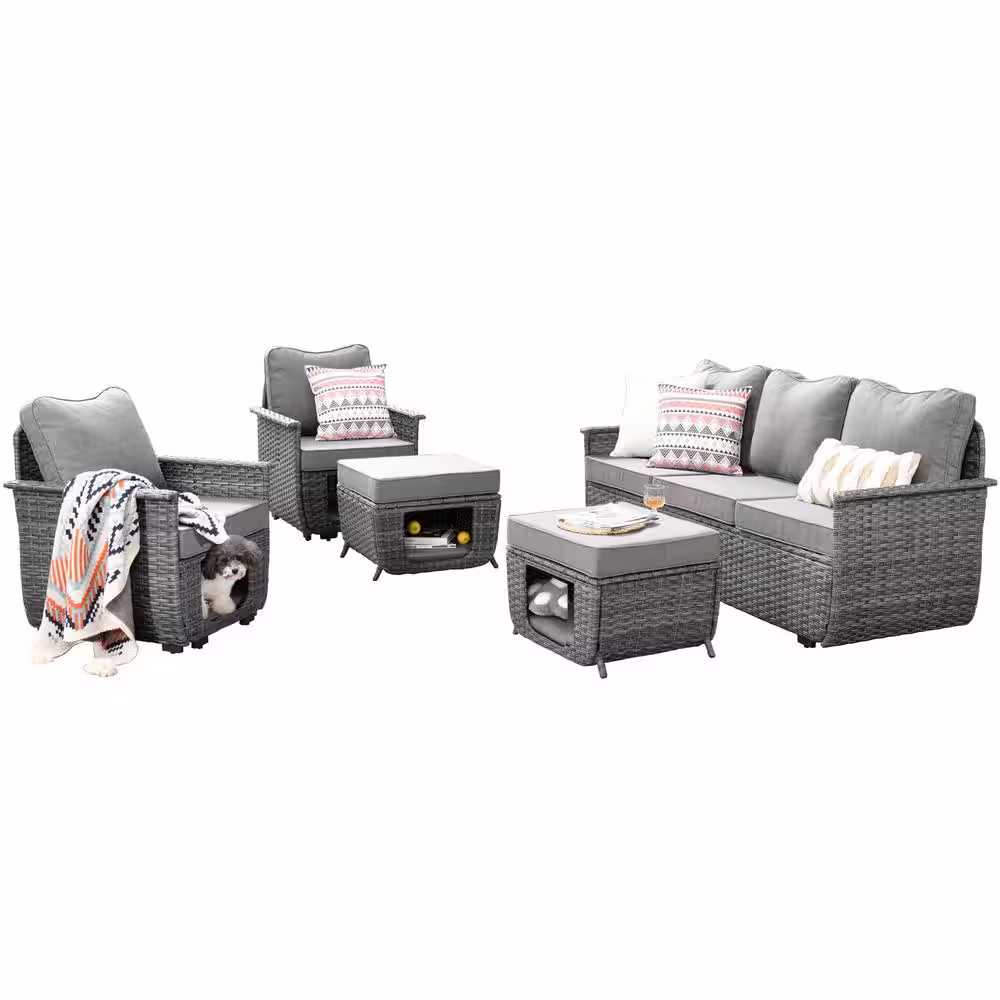 HOOOWOOO Sierra Black 5-Piece Wicker Multi-Functional Pet Friendly Outdoor Patio Conversation Sofa Set with Dark Gray Cushions