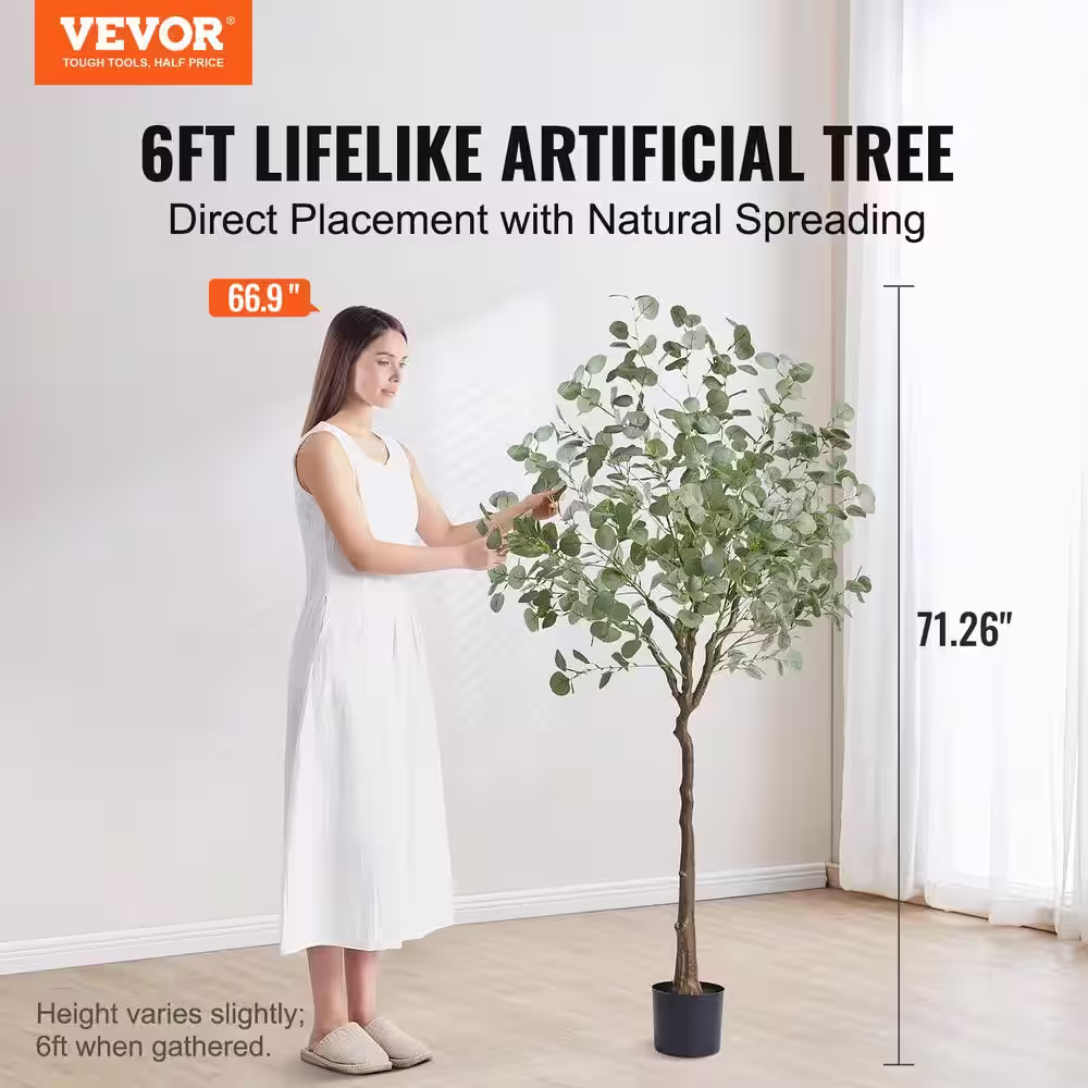 VEVOR 6 ft. Artificial Eucalyptus Tree Tall Faux Plant Secure PE Material and Anti-Tip Tilt Protection Low-Maintenance Plant