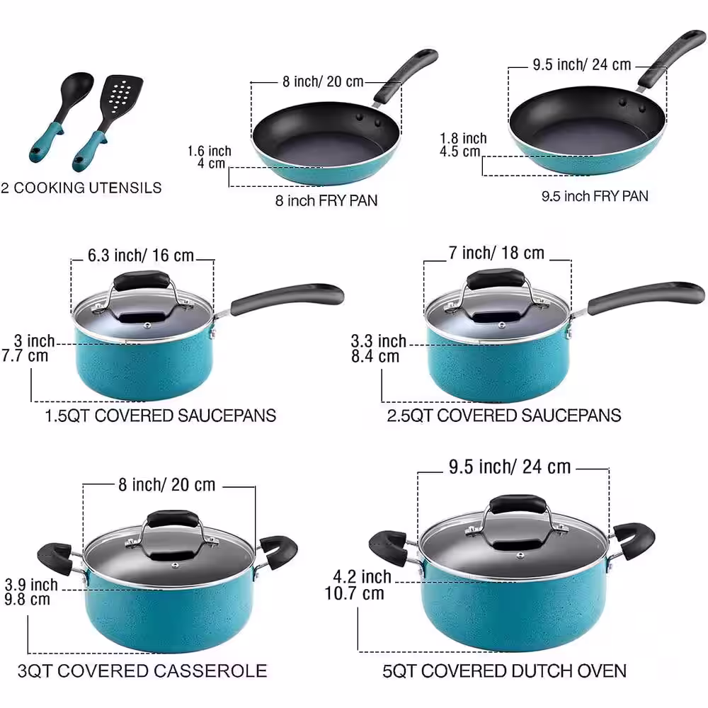 Cook N Home 12-Piece Aluminum Nonstick Cookware Set with Stay Cool Handle in Turquoise