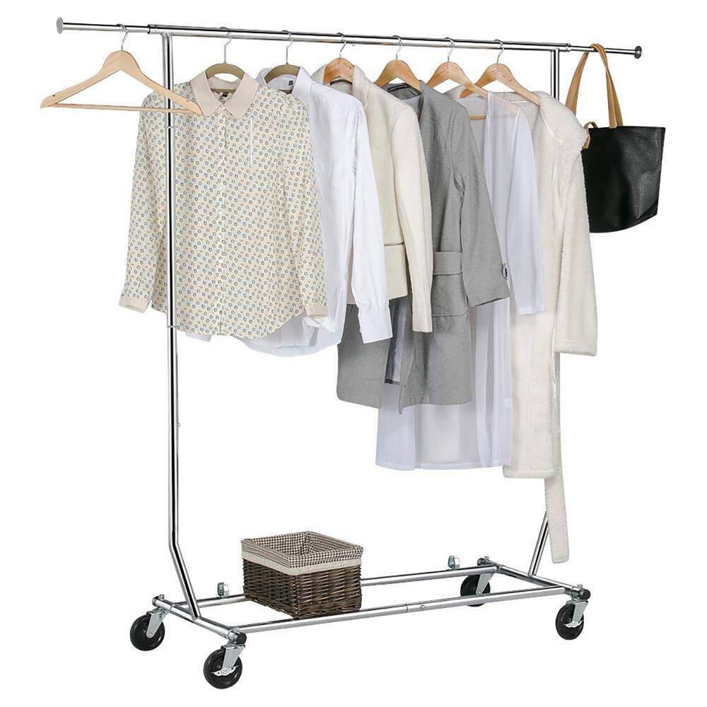 None Silver Iron Adjustable Garment Clothes Rack Single Rod 75 in. W x 70 in. H
