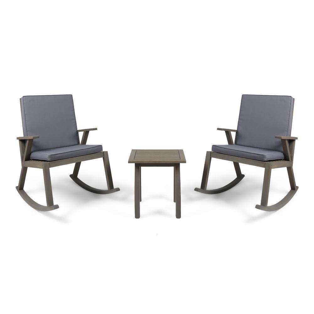 Noble House Champlain Grey 3-Piece Wood Patio Conversation Set with Dark Grey Cushions