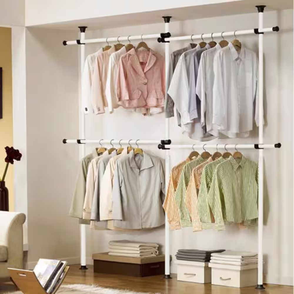 None White Metal Floor Bedroom Open Clothes Rack 94.5 in. W x 122 in. H