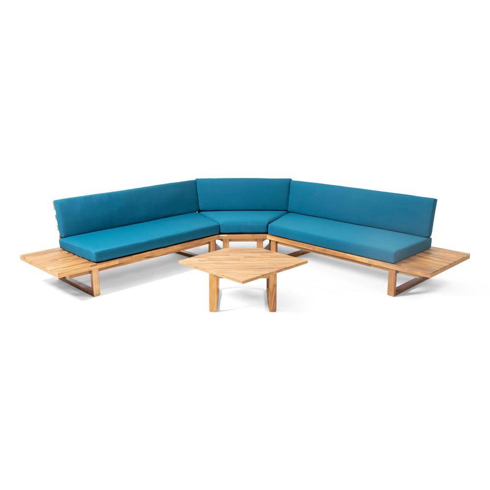 Noble House Mirabelle Teak Brown 4-Piece Wood Patio Conversation Sectional Seating Set with Dark Teal Cushions
