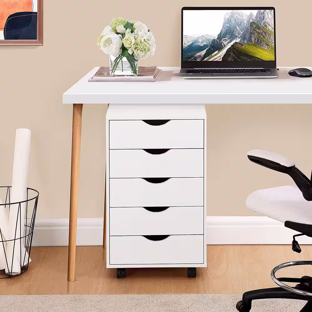 HOMESTOCK 5 Drawers White Wood Storage Dresser with Wheels, Craft Storage Organization and Storage Drawer Office Drawer Unit