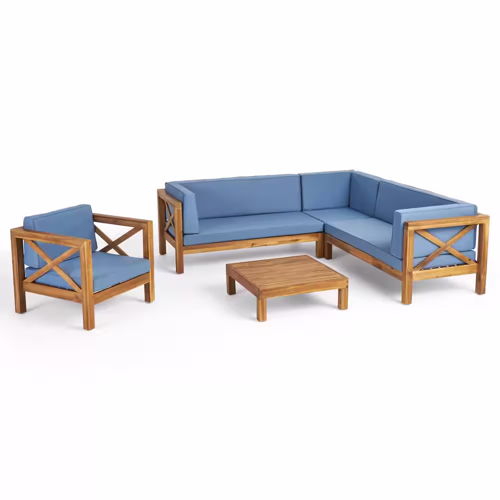 Noble House Brava Teak Brown 5-Piece Wood Patio Conversation Sectional Seating Set with Blue Cushions
