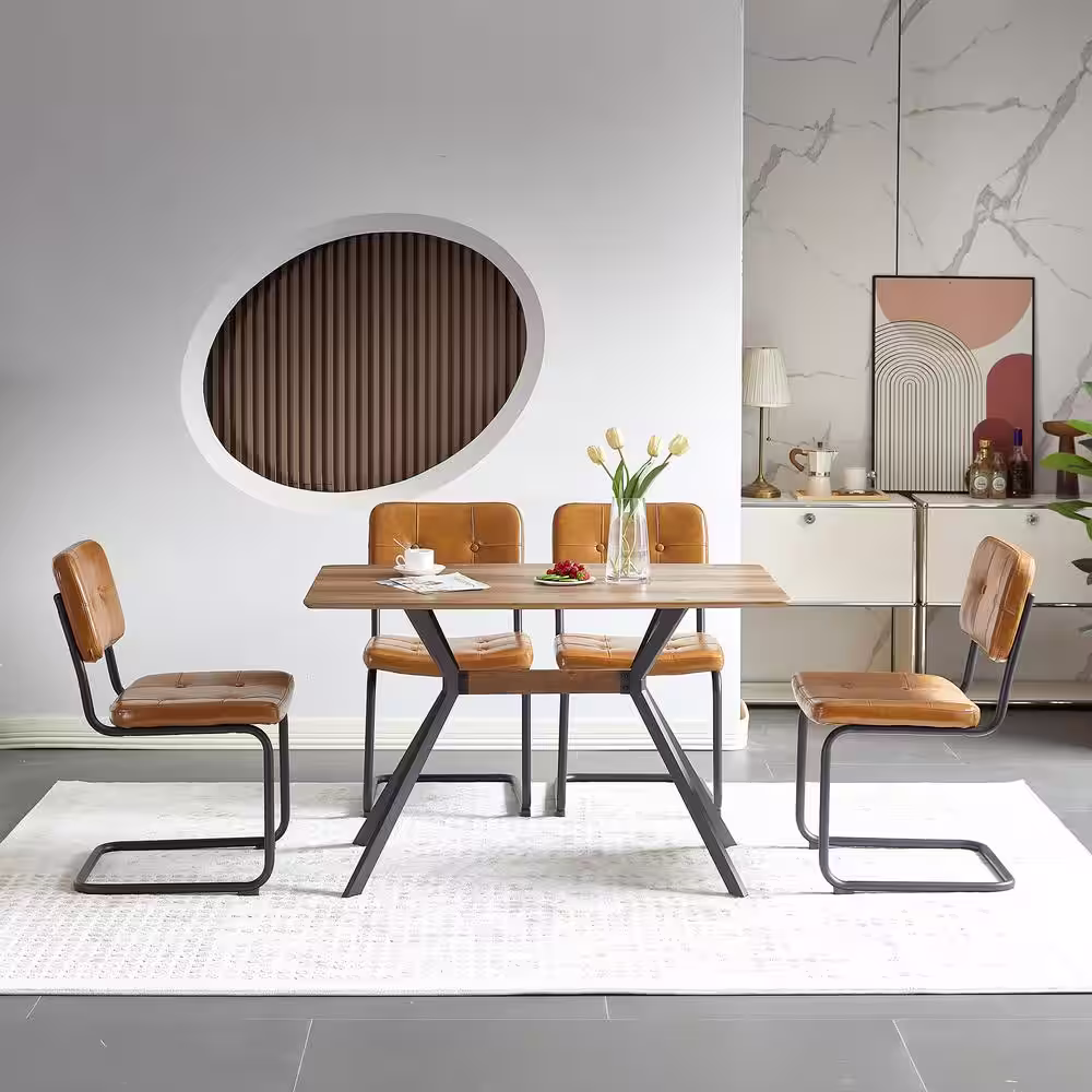 None Set of 4-Modern Mid Century Brown PU Leather Upholstered Armless Dining Chair with Black Metal Pipe Legs