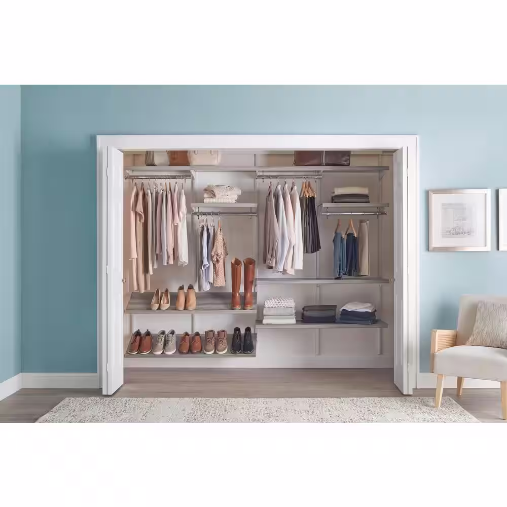 Everbilt Genevieve 8 ft. Gray Adjustable Closet Organizer Long and Short Hanging Rods with Double Shoe Racks and 4 Shelves
