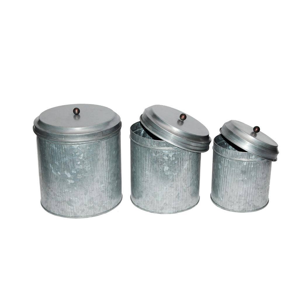 None 3-Piece Metal Galvanized Lidded Barrel Set with Ribbed Pattern