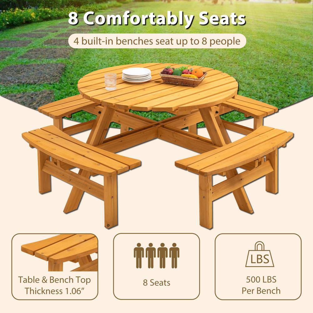 None 70.07 in. Natural Round Wood Picnic Table with 4-Built-in Benches, 8-Person Outdoor Camping Dining Table