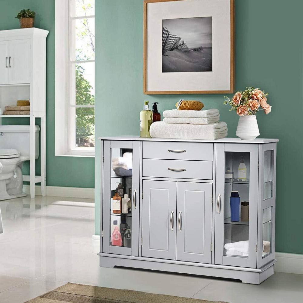 Boyel Living Gray Wood Buffet Sideboard Bar Storage Cabinet Buffet with Drawers and Shelves