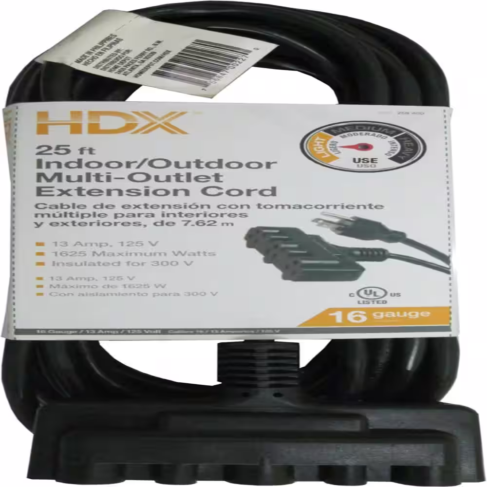 HDX 25 ft. 16/3 Light Duty Indoor/Outdoor Landscape Extension Cord with Multiple Outlet Triple Tap End, Green