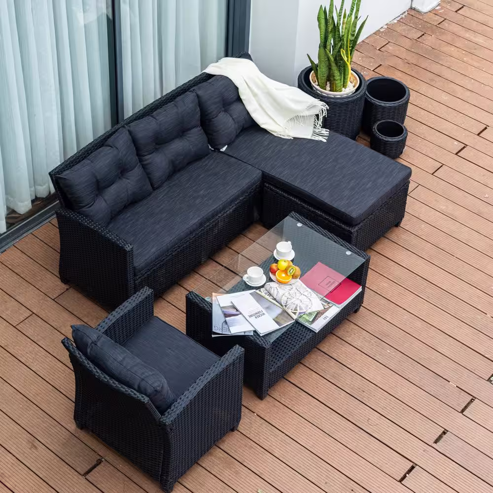 MADE 4 HOME Versailles Black 4-Piece Wicker Patio Conversation Sectional Seating Set with Black Cushions and Ottoman