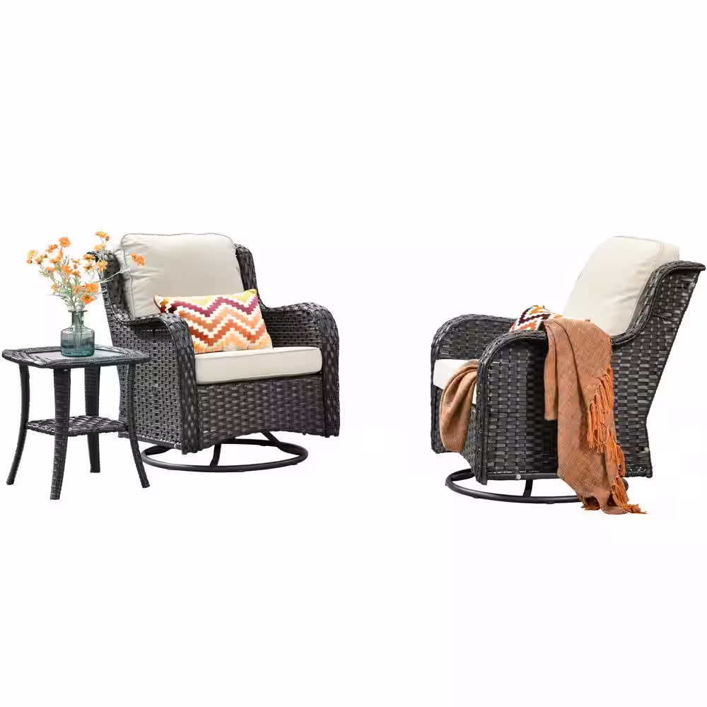 HOOOWOOO Oreille Brown 3-Piece Wicker Outdoor Patio Conversation Swivel Rocking Chair Set with a Side Table and Beige Cushions
