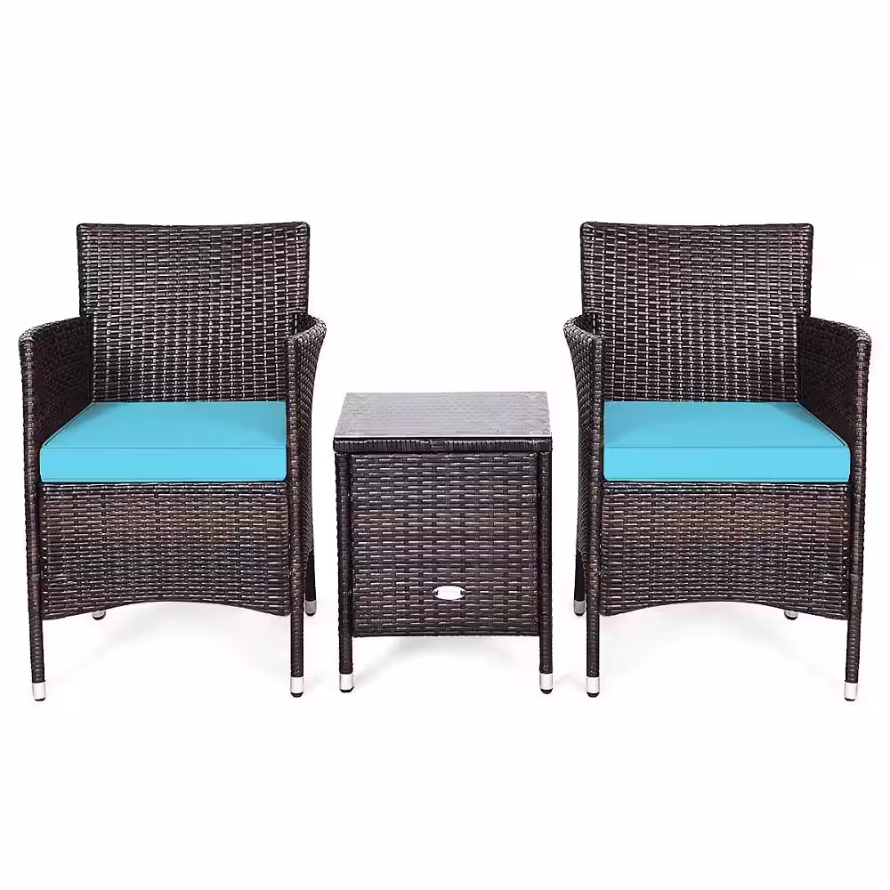 None 3-Piece Plastic Wicker Patio Conversation Set with Turquoise Cushions