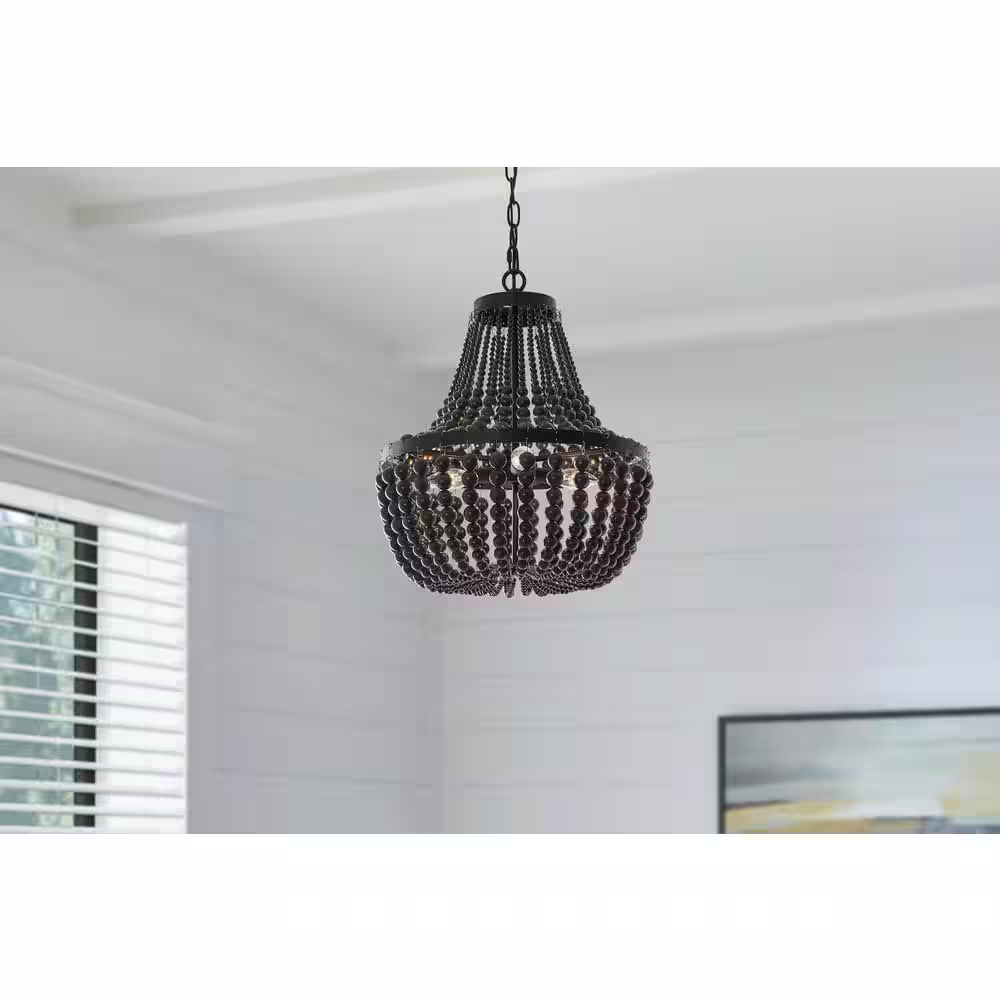 Hampton Bay Cayman 3-Light Black Chandelier Light Fixture with Black Faux Wood Beaded Shade