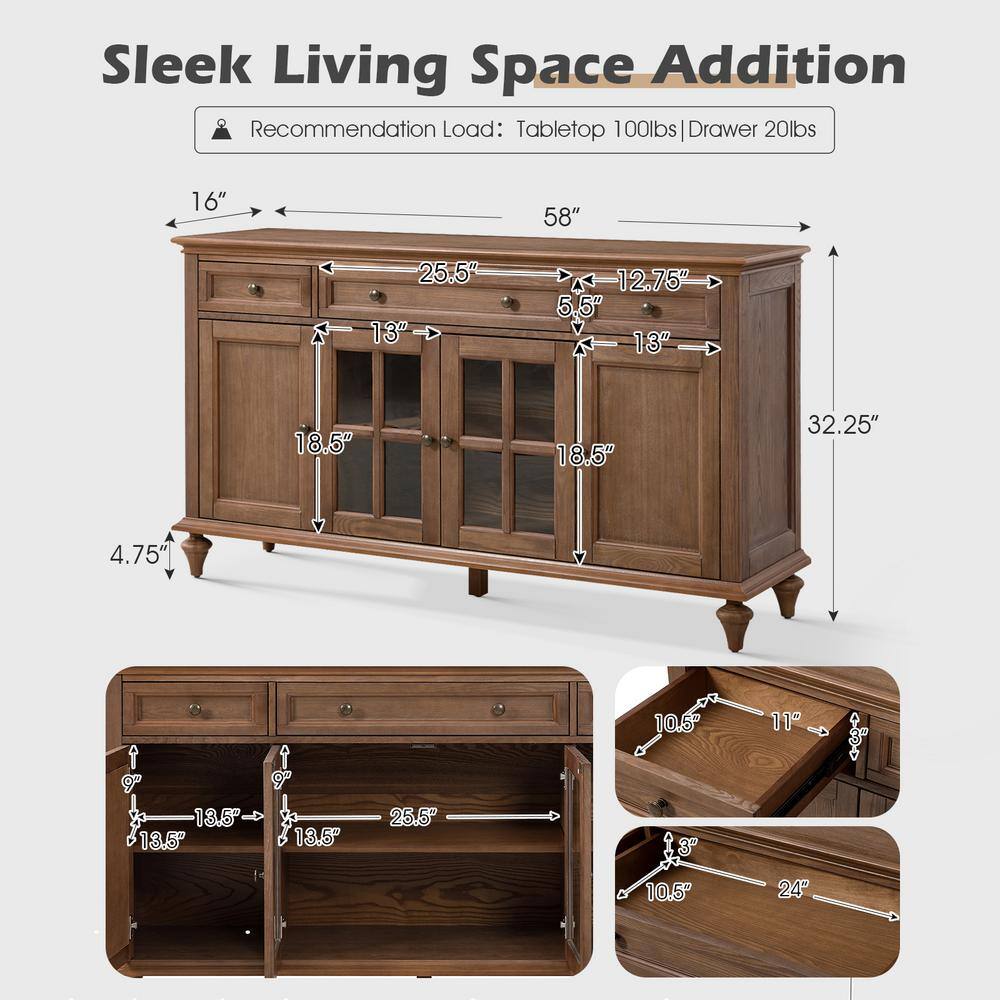 JAYDEN CREATION Nikolaj Acorn 58 in. W 3 Drawer Sideboard with Solid Wood Legs